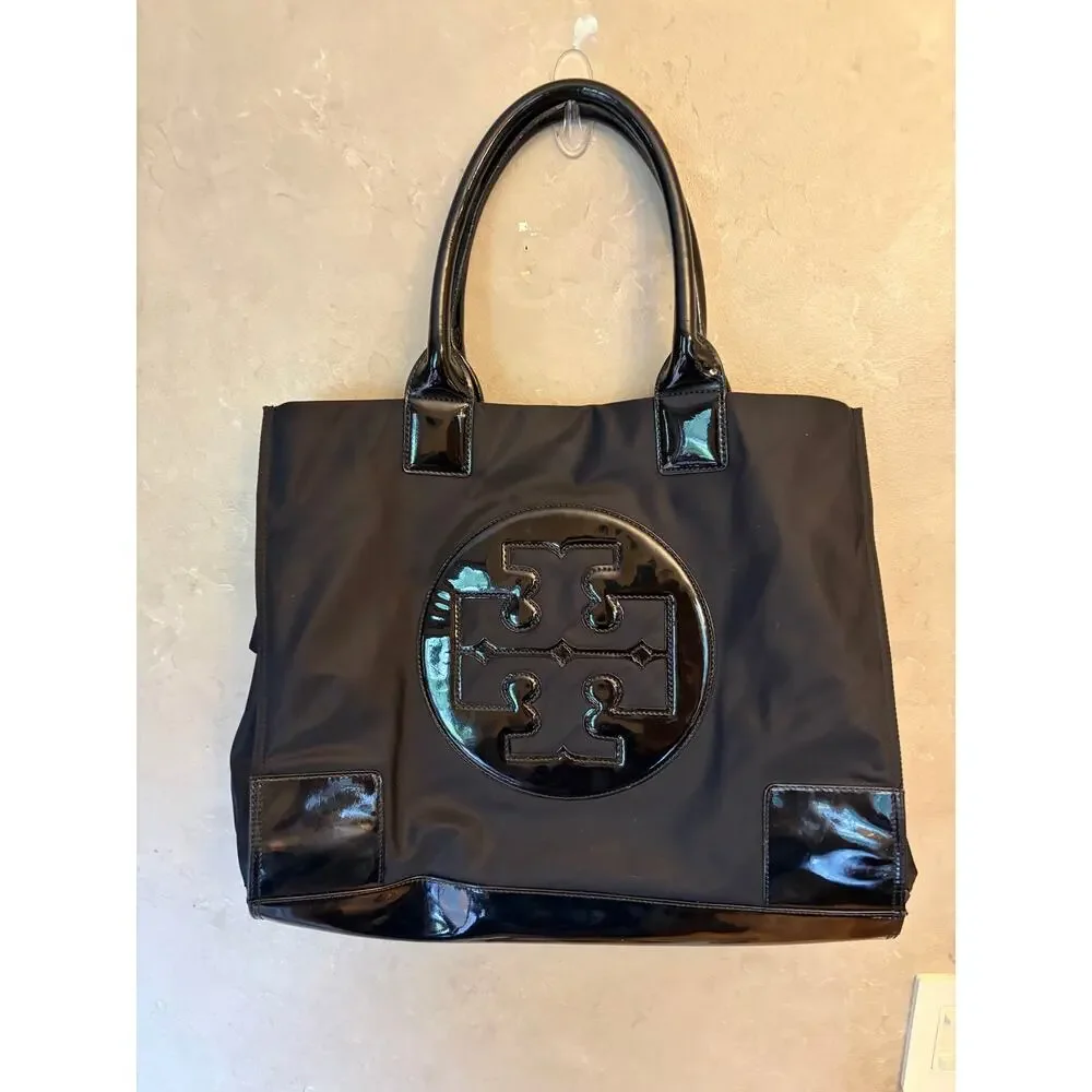 Tory Burch Ella Large Black Nylon Patent Logo Tote Bag Spacious Everyday
